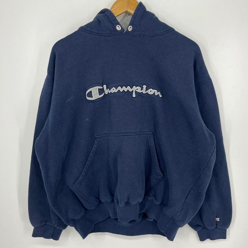 Champion Europe Vintage Navy Blue Embroidered Script Logo Hoodie Womens XL